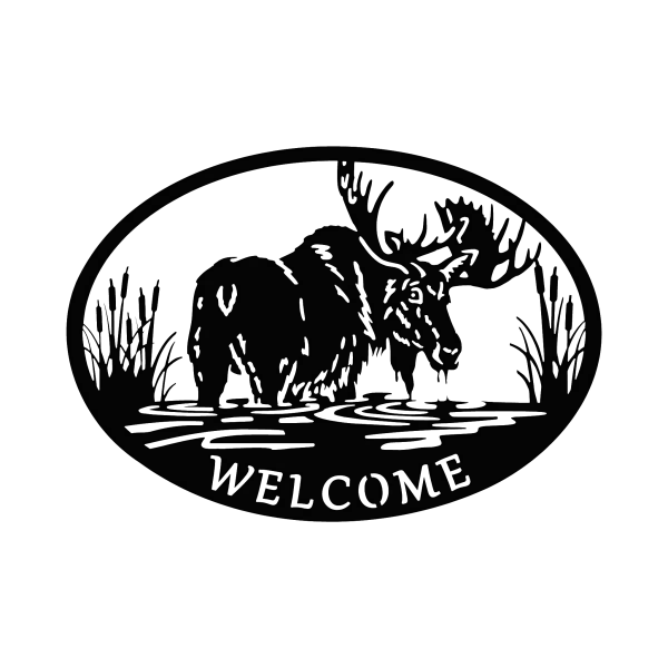 A black, laser-cut steel wall sign featuring a moose standing in water, surrounded by cattails within an oval frame. The word 'Welcome' is cut out below the moose. The intricate details of the moose and cattails are highlighted by the precision of the cut, creating a rustic and nature-inspired look suitable for home or cabin decor.